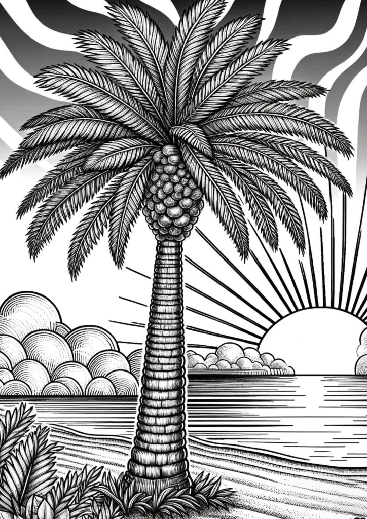 Palm Tree Coloring Page With A Sunset Horizon