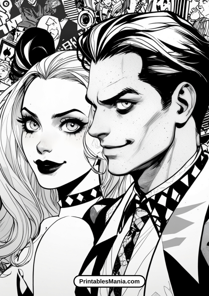 Fantasy Coloring Page with Harley Quinn and Joker