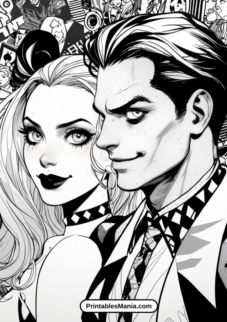 Fantasy Coloring Page with Harley Quinn and Joker