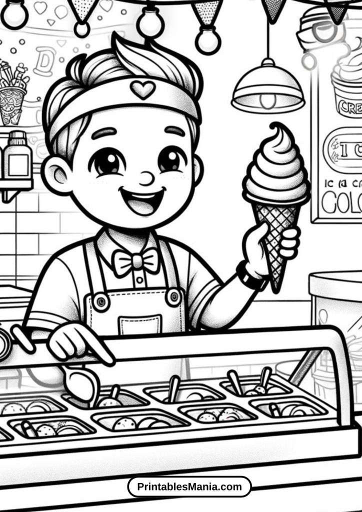 Boy Serving Ice Cream at Shop Counter Coloring Page