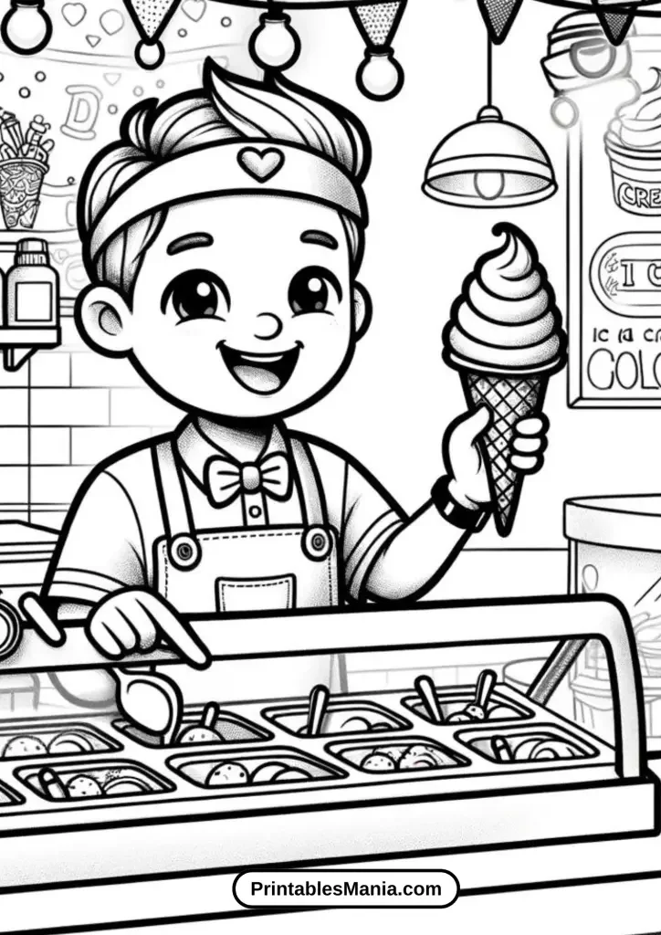 Boy Serving Ice Cream at Shop Counter Coloring Page