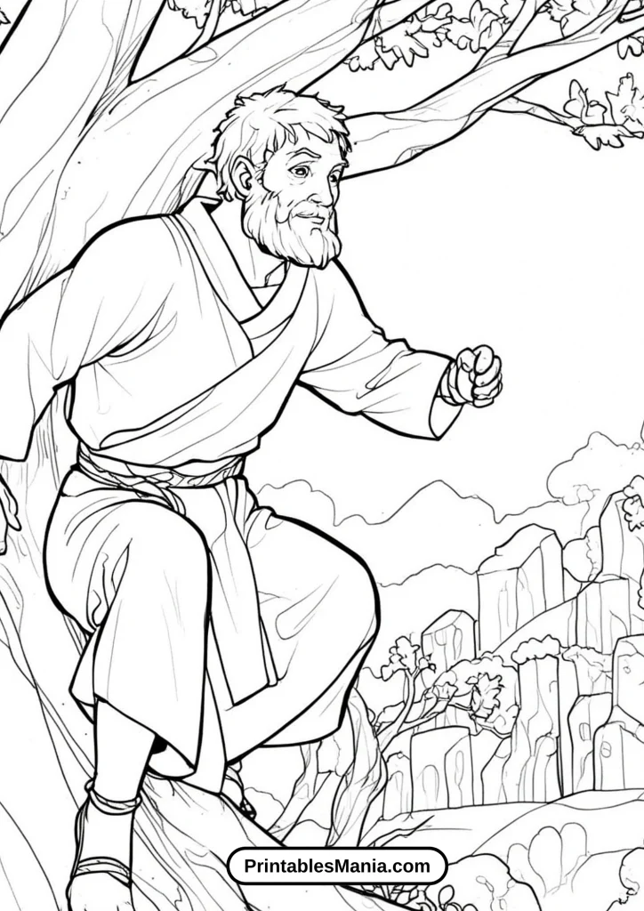 Simple Outline Coloring Page of Zacchaeus in a Tree