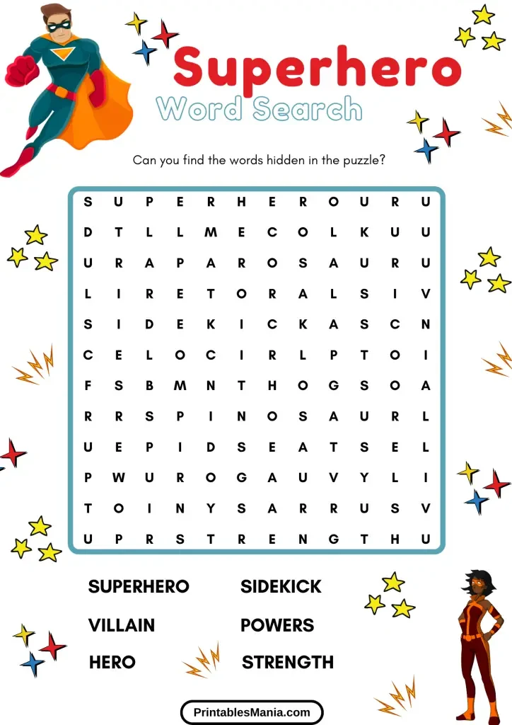 Superhero Word Search Puzzle Featuring Heroes Names