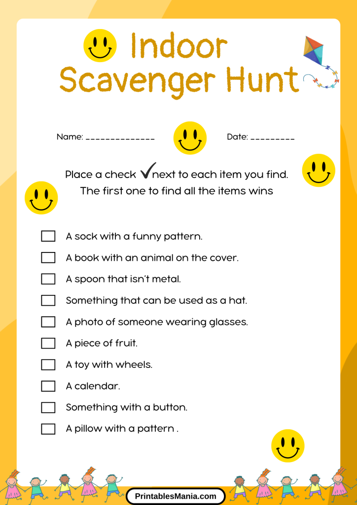 Creative Free Printable For An Indoor Scavenger Hunt Game Designed For Children