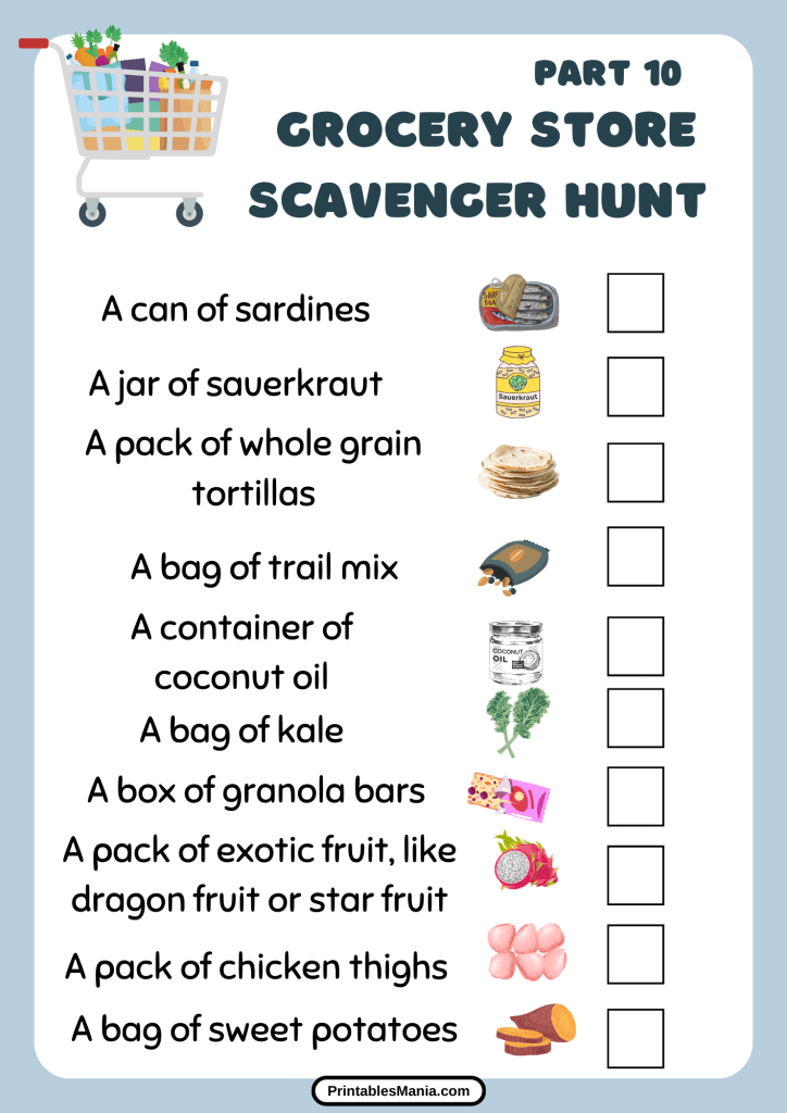 Children Checking Off Items On A Grocery Store Scavenger Hunt List