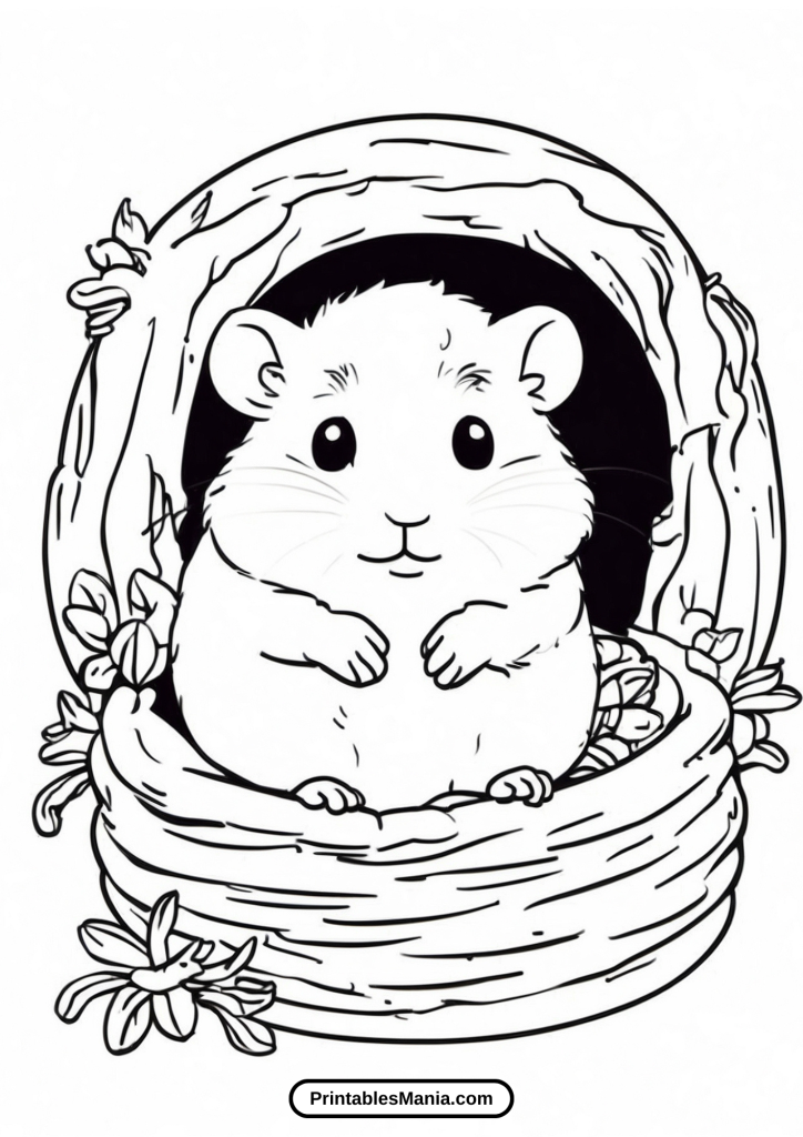 hamster coloring page with a cozy nest