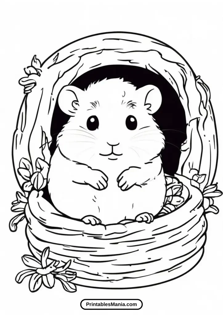 hamster coloring page with a cozy nest