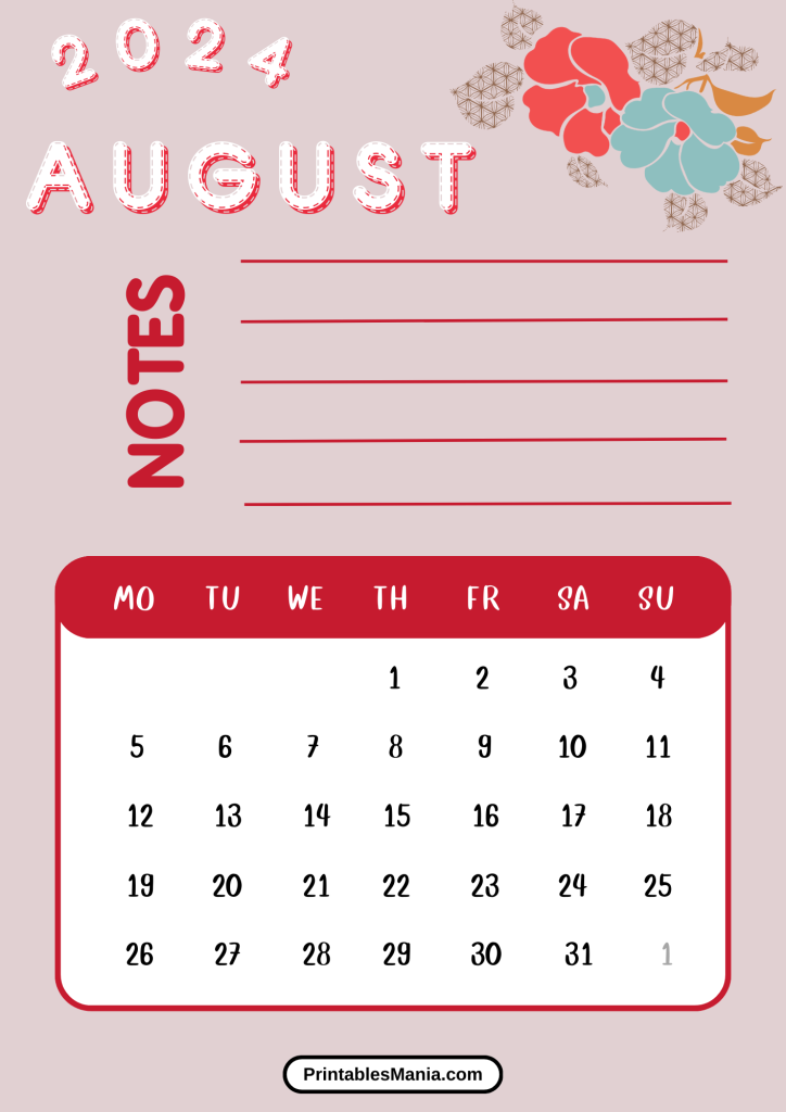 minimalist design August 2024 calendar