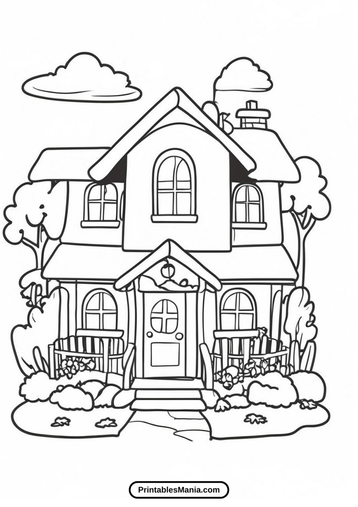 house coloring page with a whimsical design