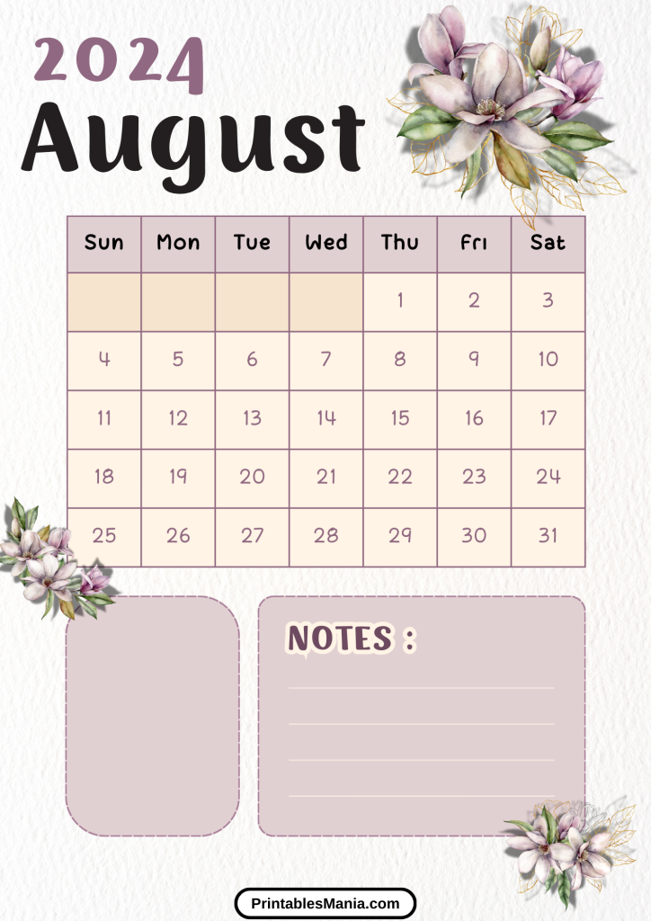 floral August 2024 calendar for garden enthusiasts