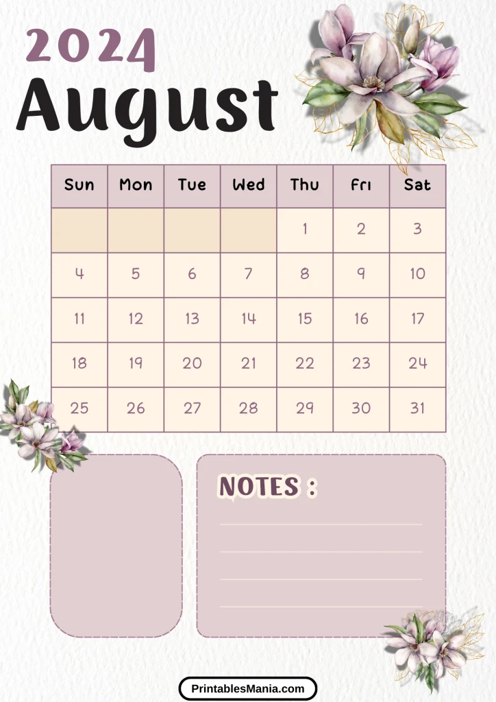 floral August 2024 calendar for garden enthusiasts