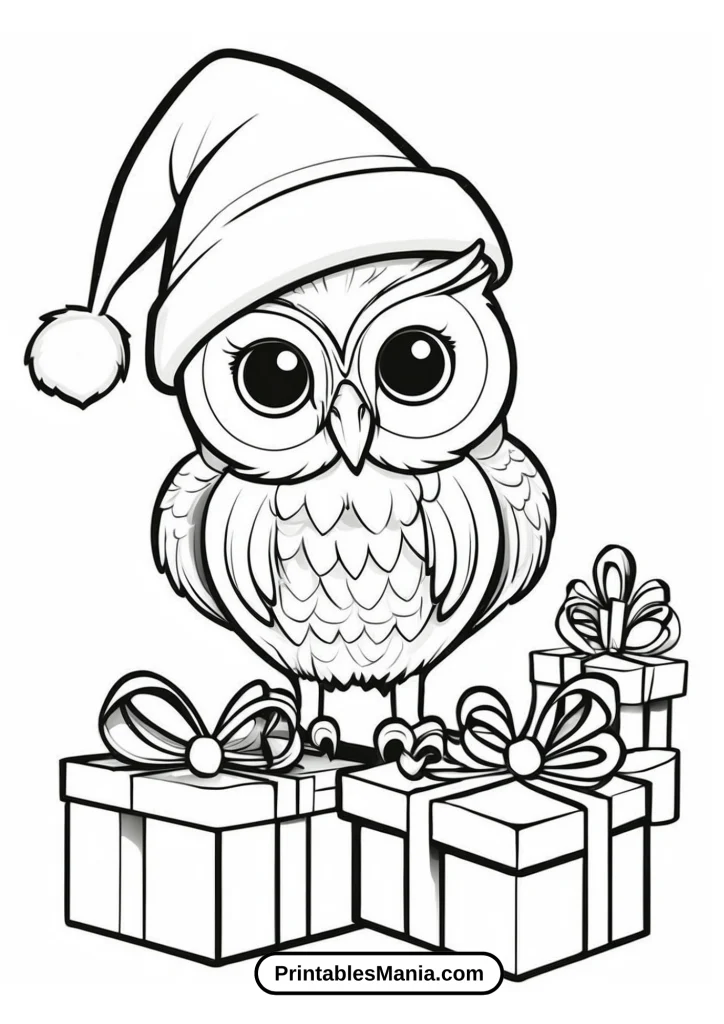 Christmas owl coloring page with Santa hat and gifts