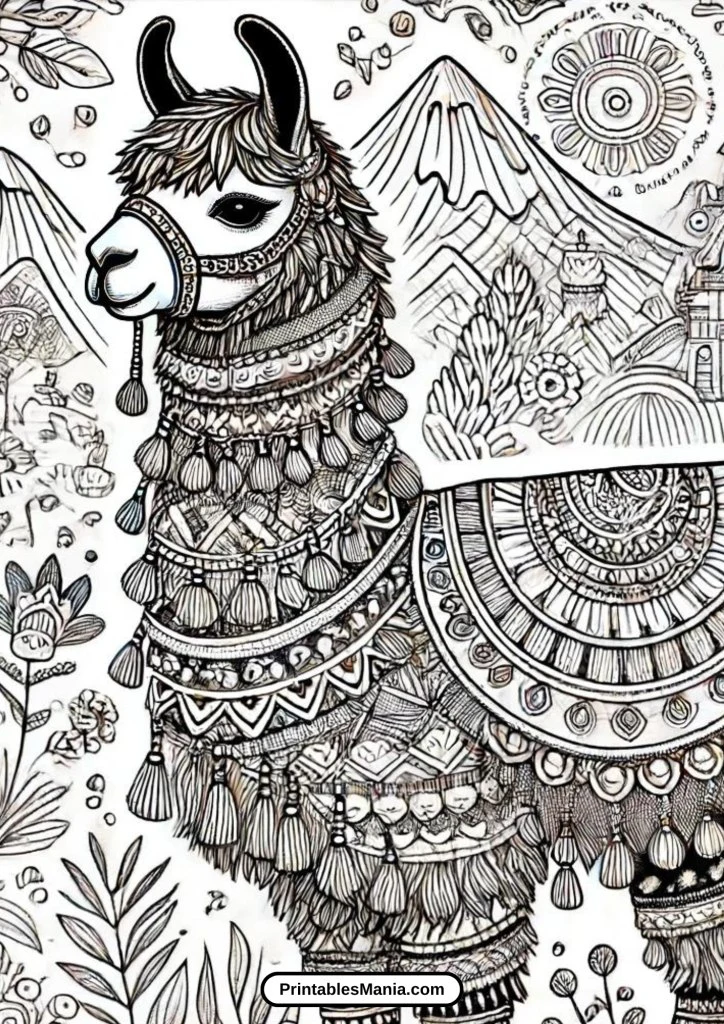 llama coloring page with a realistic llama portrait