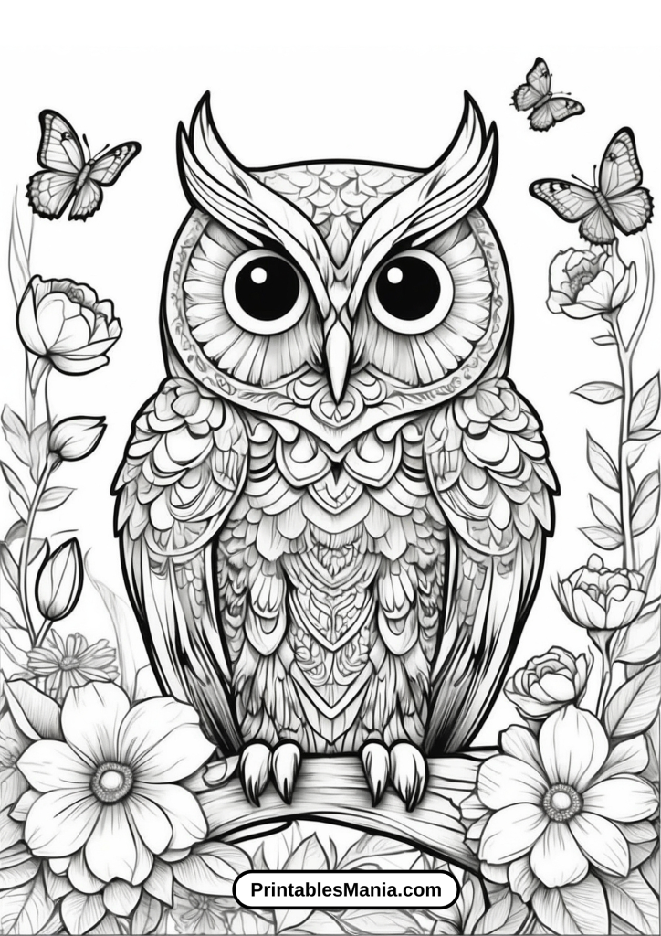 spring owl coloring page with flowers and butterflies