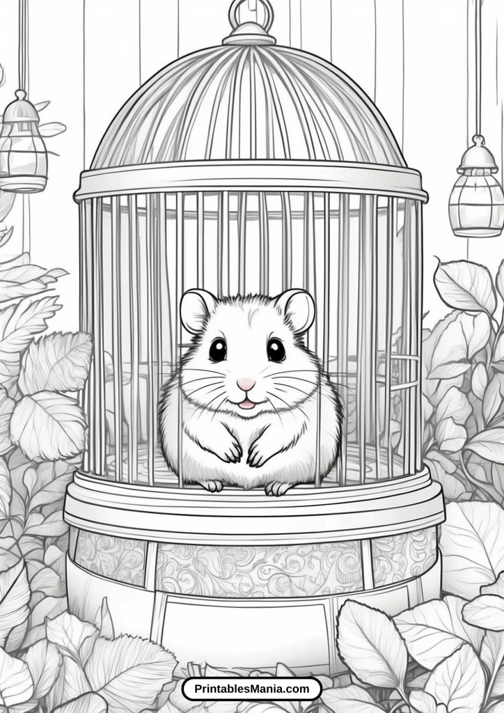 hamster coloring page with a cozy cage