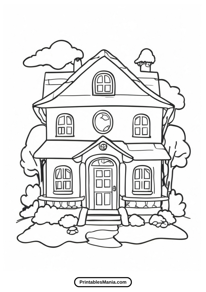 house coloring page with a chimney and smoke