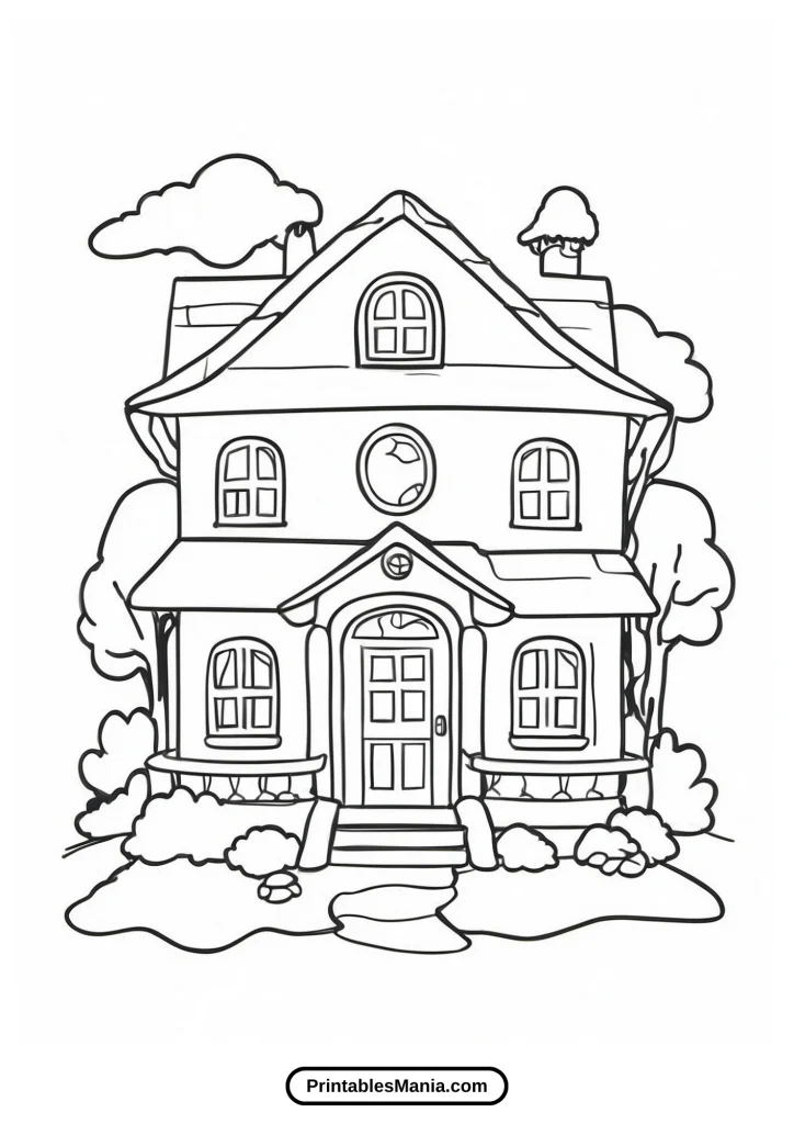 house coloring page with a chimney and smoke