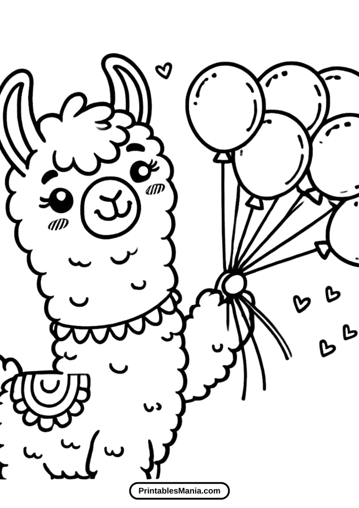 llama with balloons at a party coloring page