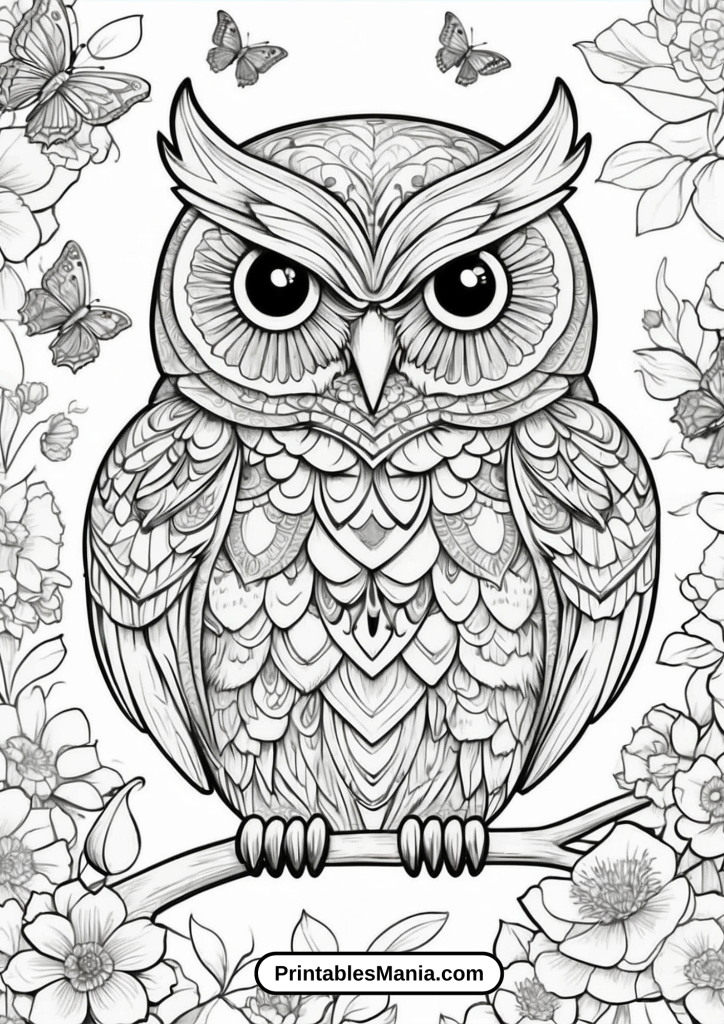 coloring page of an owl perched on a tree branch