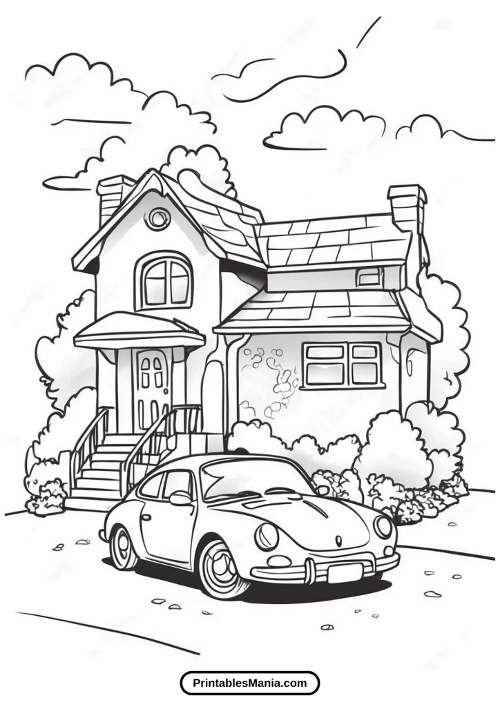 house coloring page with a car in the driveway