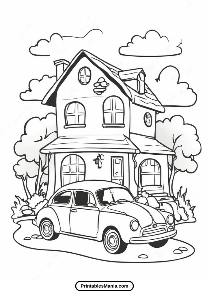 house coloring page with a picket fence