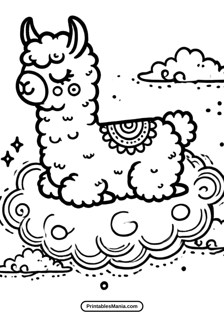 llama at sunset coloring page with detailed sky