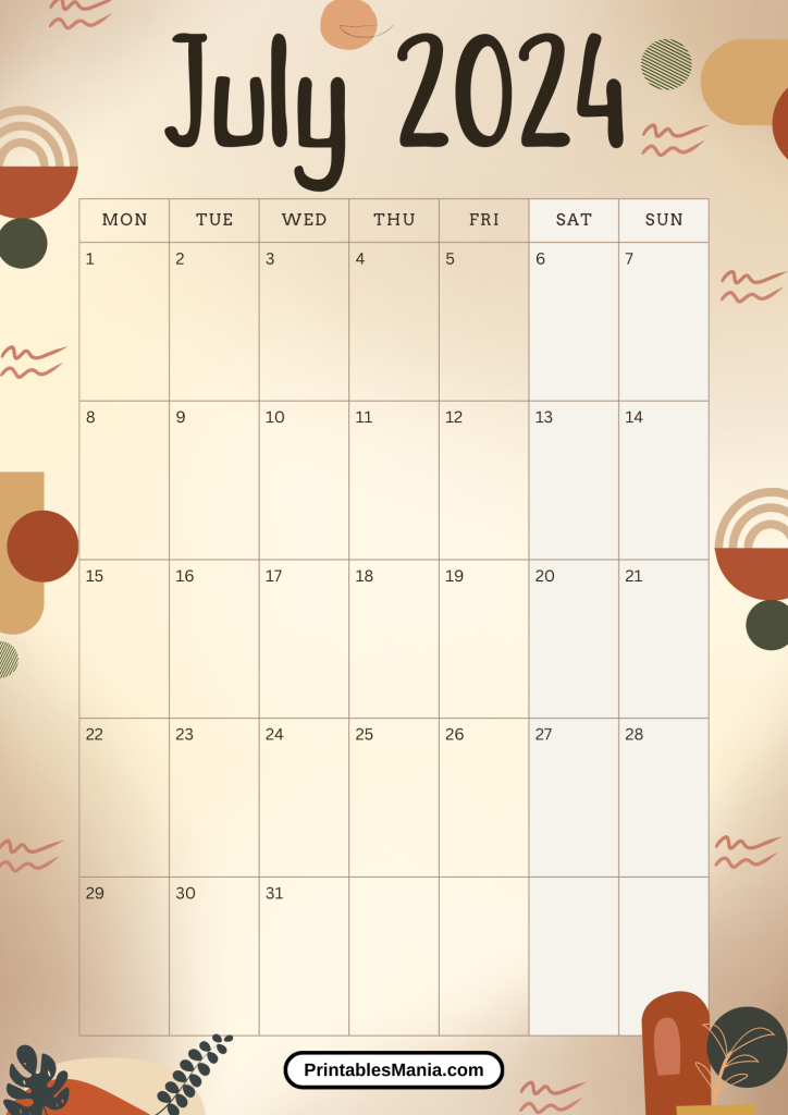 july 2024 calendar for office use