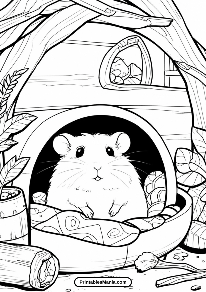 hamster coloring page with a cozy bed