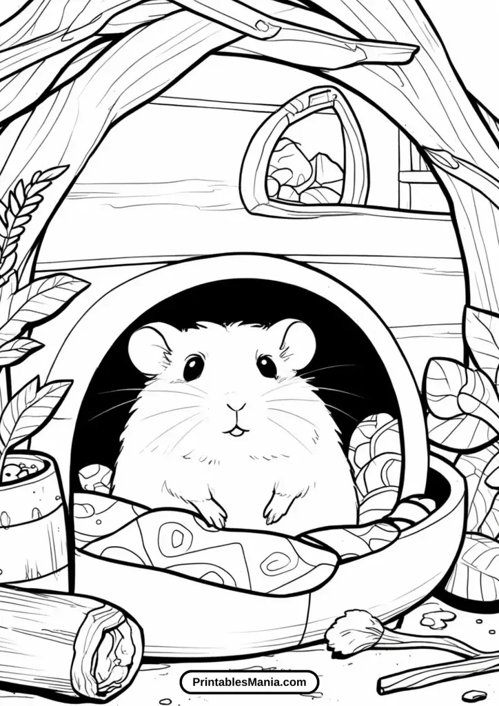 hamster coloring page with a cozy bed