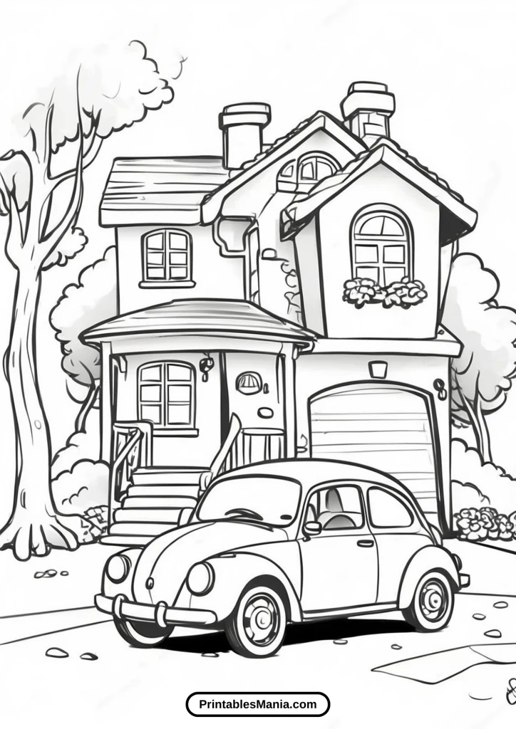 realistic house coloring page with detailed features