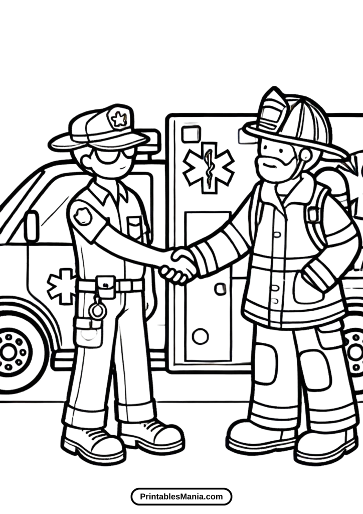 ambulance and firefighter shaking hands coloring page