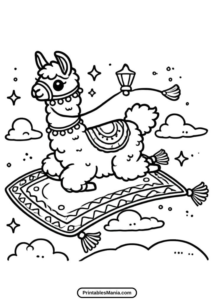 llama on a magic carpet coloring page