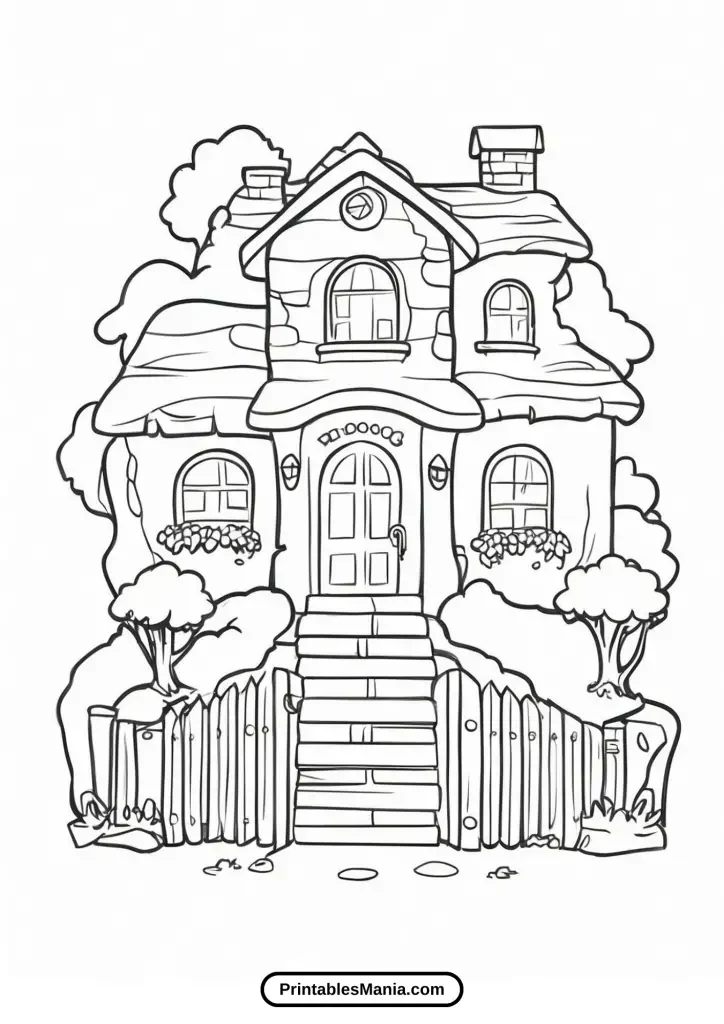 house coloring page with a fence and gate