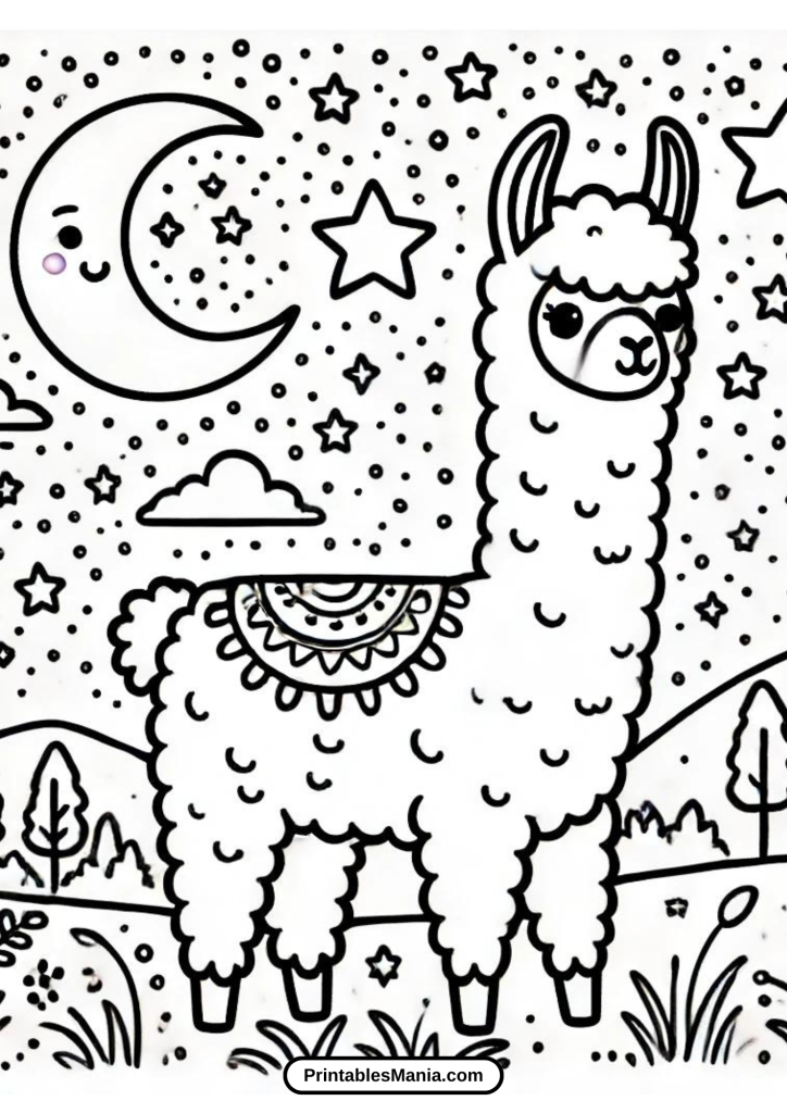 llama with stars and moon coloring page at night