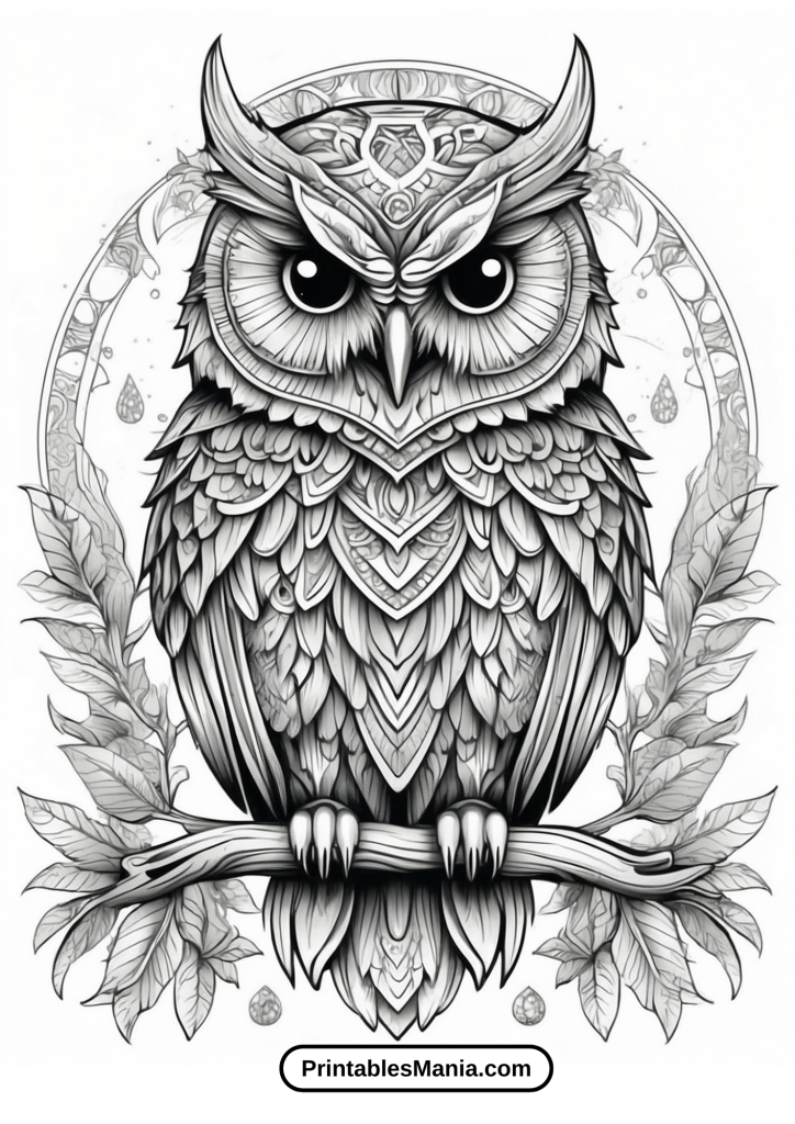 owl coloring page for adults with detailed feathers