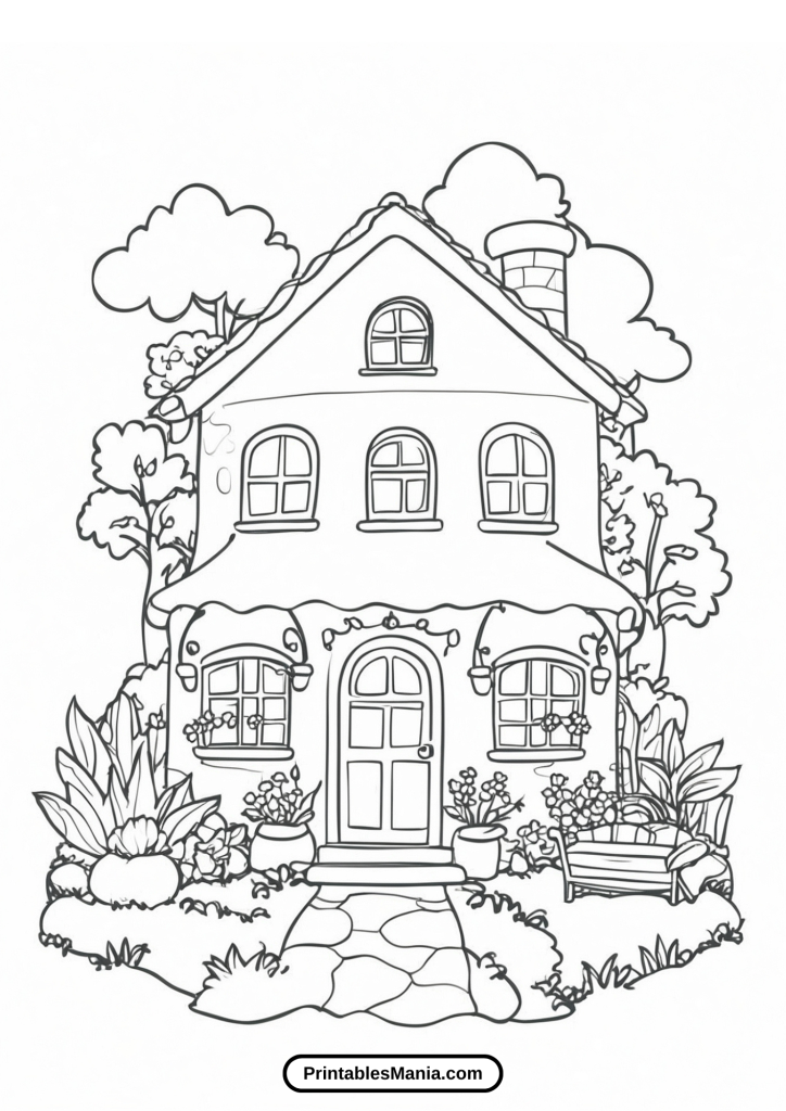 house coloring page with a front porch