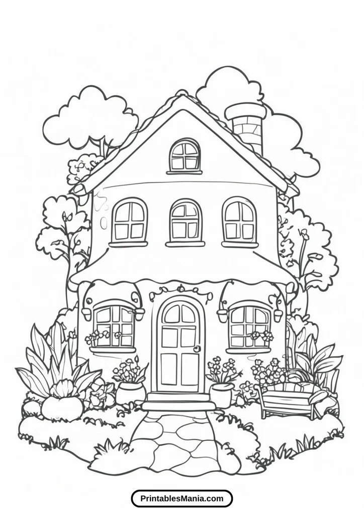 house coloring page with a front porch