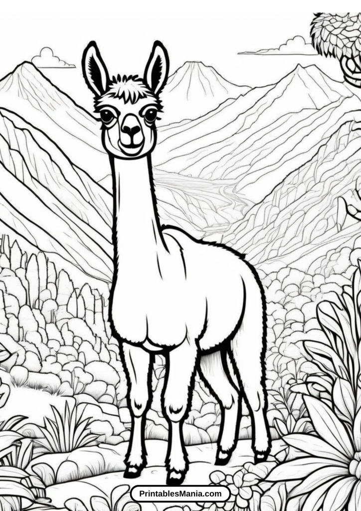 llama with mountain backdrop coloring page