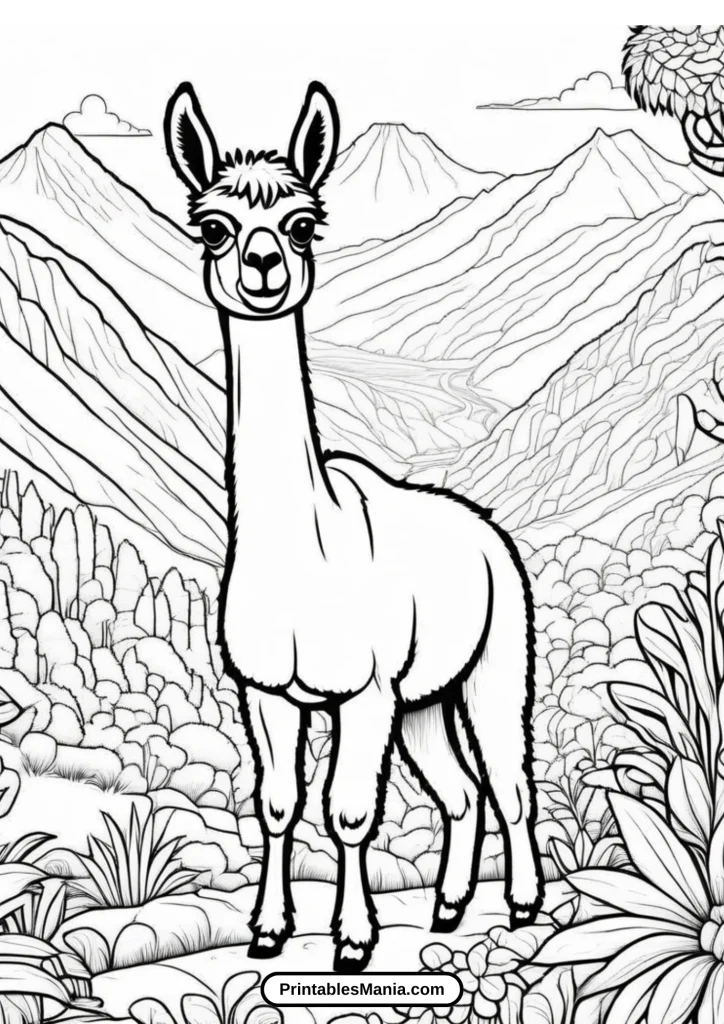 llama with mountain backdrop coloring page