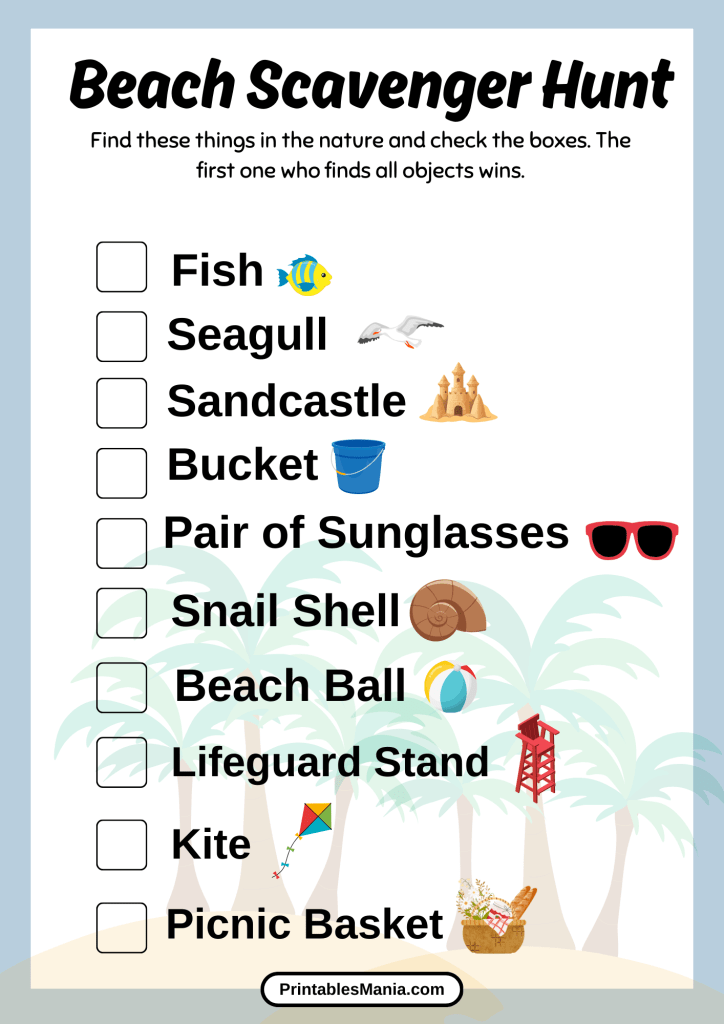 beach scavenger hunt free printable