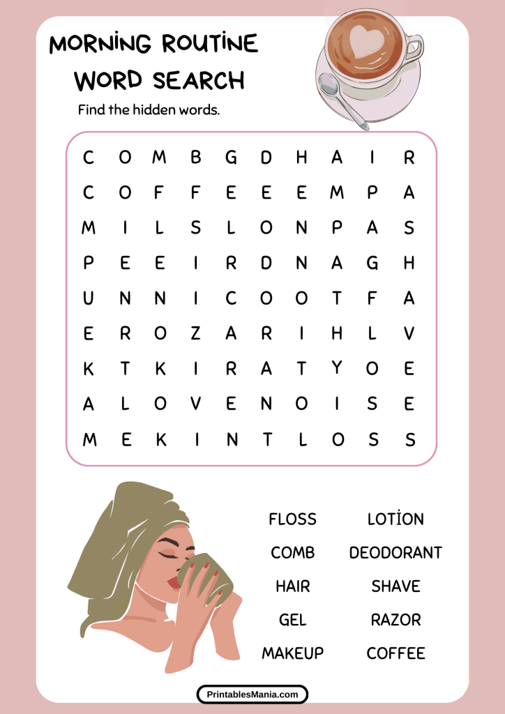 printable morning routine word search for a relaxing start to the day