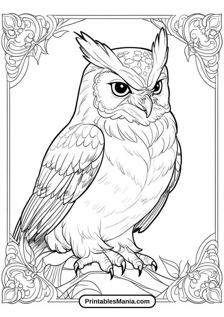 elegant owl coloring page with Victorian style