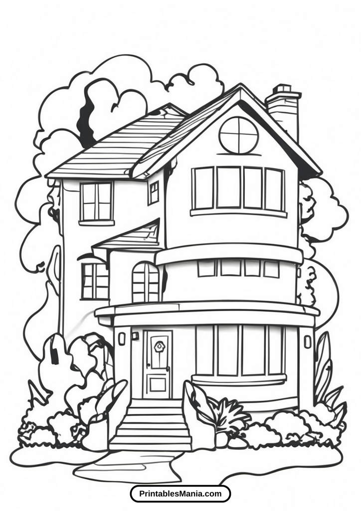 house coloring page with a cottage style