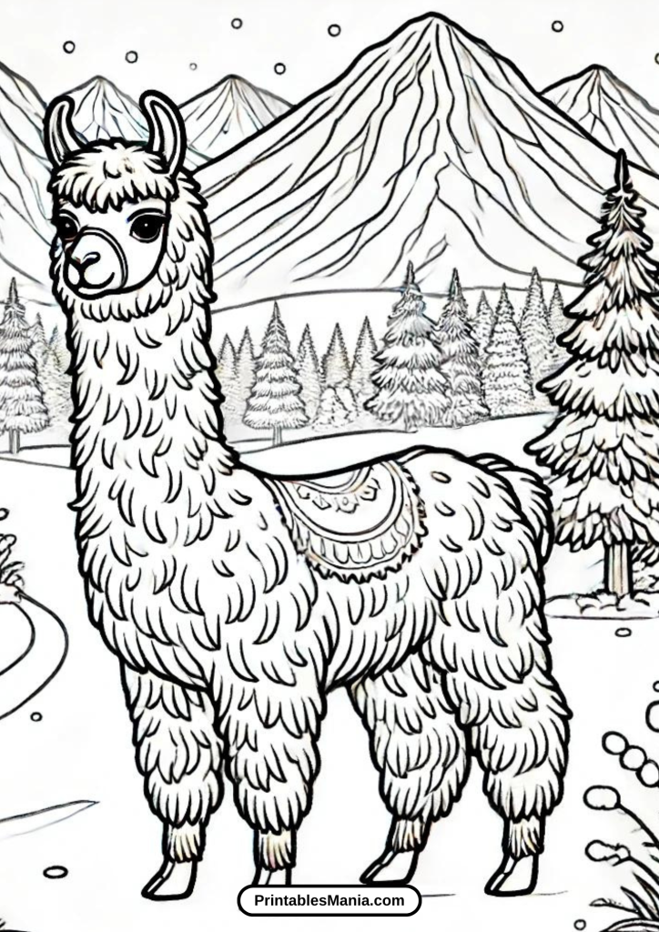 llama in a snowy landscape coloring page