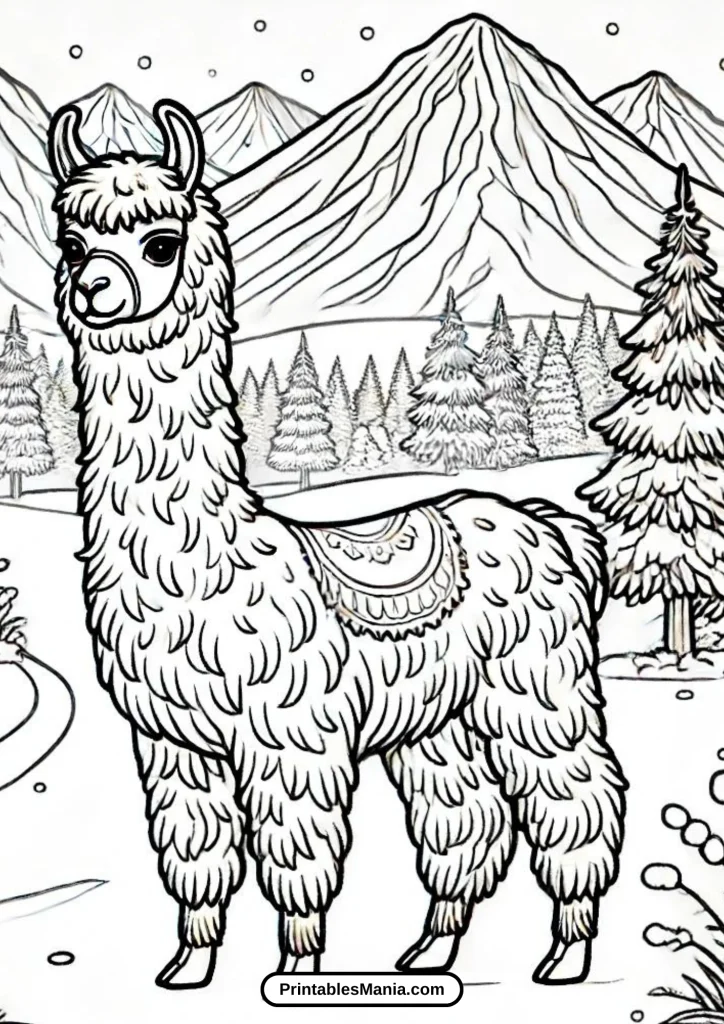 llama in a snowy landscape coloring page