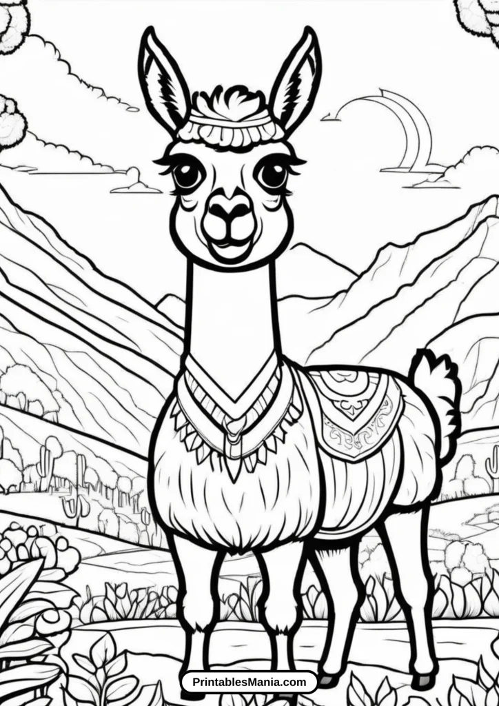 llama in the mountains coloring page