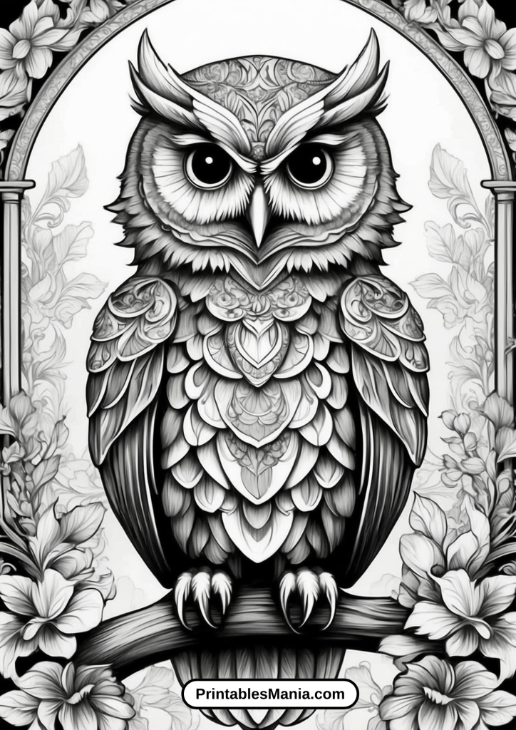 owl coloring page with floral patterns for adults