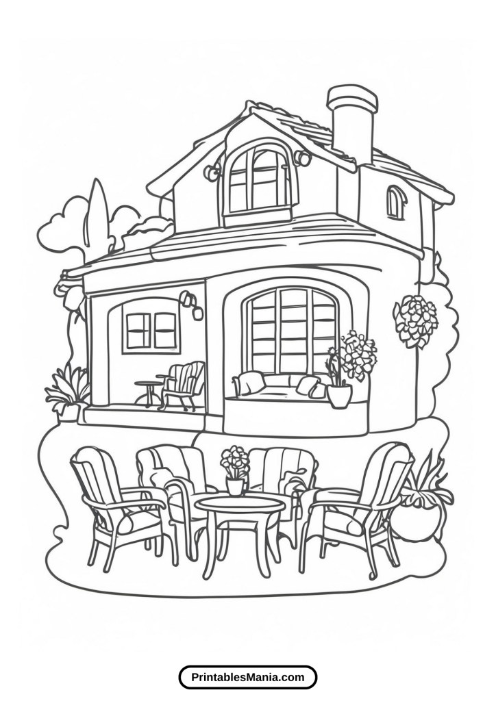 house coloring page with a backyard scene