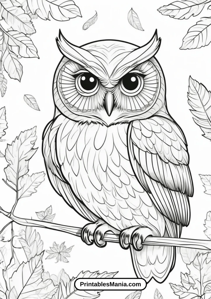 owl coloring page with an autumn background and falling leaves