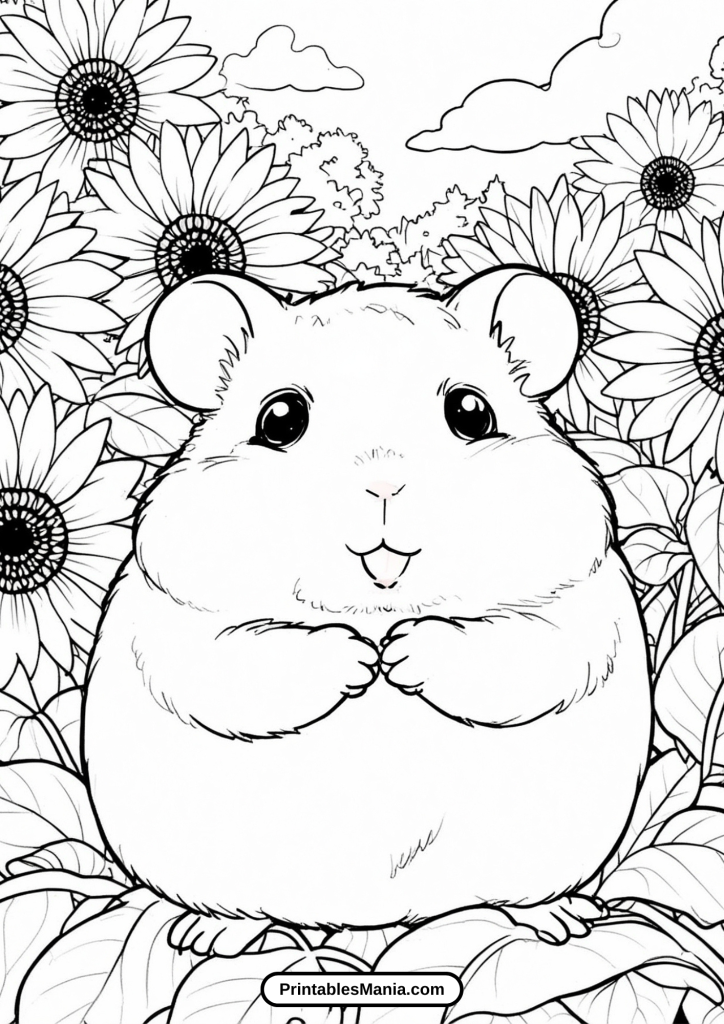 hamster coloring page with a detailed background